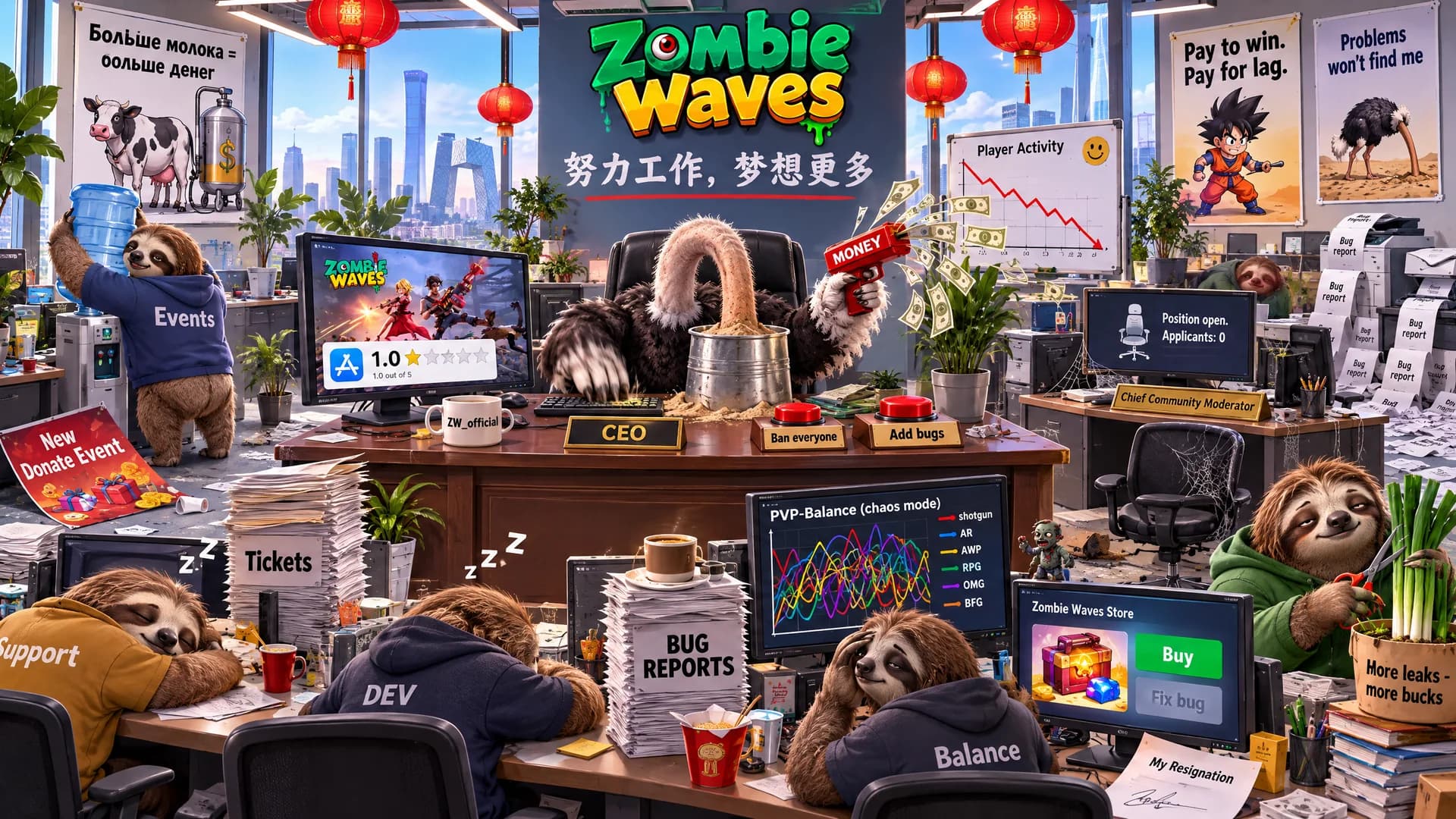 Meme: Zombie Waves developer office, where everyone is sleeping