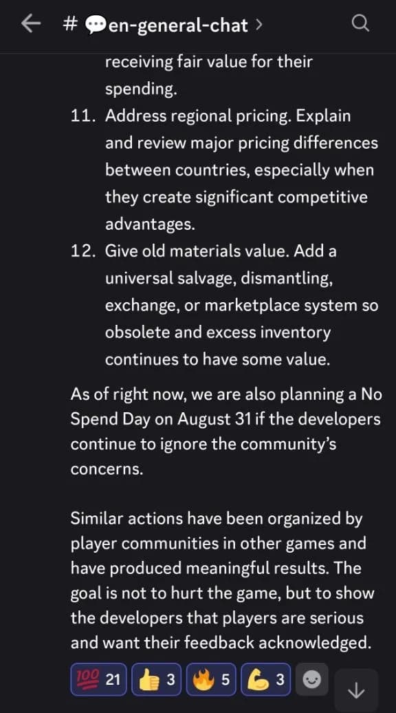 社群 Discord 頻道截圖：提案項目與 8 月 31 日不消費日的公告