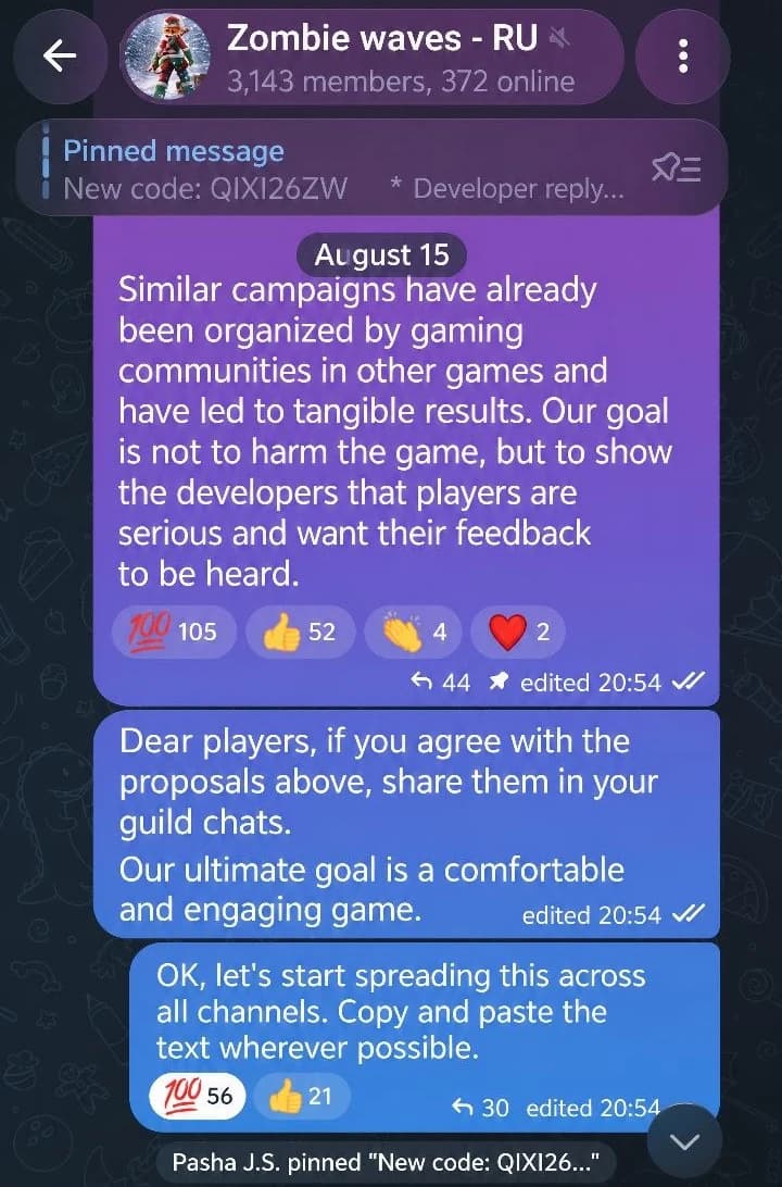社群 Telegram 頻道截圖：號召大家散布提案的置頂訊息